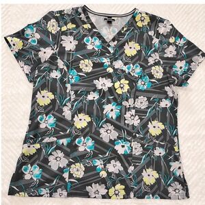 ELLE Floral V Neck Scrub Top Shirt‎ Women's L/G Grey Blue Yellow White scrubs